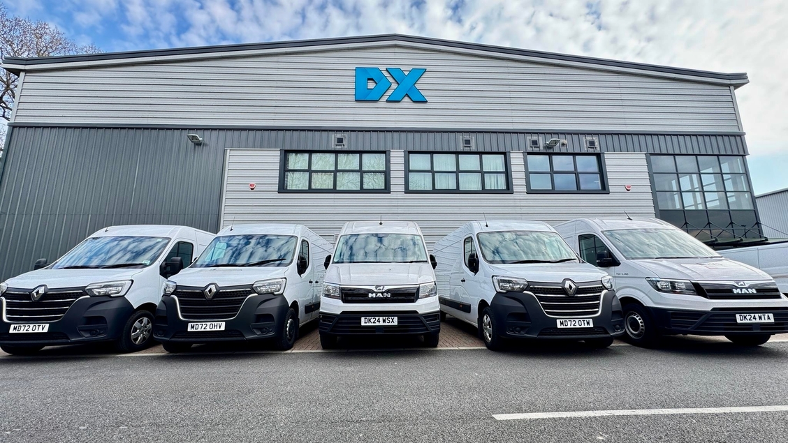 DX Delivery vans outside of the new DX Express Depot building in Chandlers Ford, Eastleigh.
