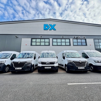 DX Delivery vans outside of the new DX Express Depot building in Chandlers Ford, Eastleigh.